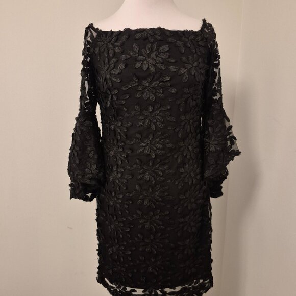 Lauren Flower Applique Witchy Cocktail Dress with Bell Sleeves - Picture 1 of 11